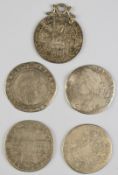 Five various hammered and milled sixpences comprising 1583 Elizabeth I, 1711 Queen Anne, two 1722