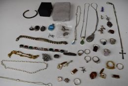 A collection of silver jewellery including pendants, ten rings, earrings, Victorian brooch, agate