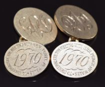 A pair of 9ct gold cufflinks with engraved script 'To commemorate the meeting with HRH Prince of