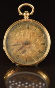 Unnamed 18ct gold open faced pocket watch with blued hands, black Roman numerals, engraved gold