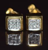 A pair of 18ct bi-coloured gold earrings each set with nine white sapphires in a square setting, 4.