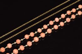 A c1920 single strand of coral beads and seed pearls with 9ct gold clasp, and an 18ct gold chain /
