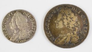 1746 George II half crown, F+, together with a 1745 shilling VF, both plain angles