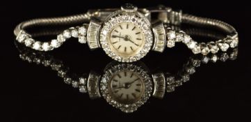 Vertex Art Deco platinum ladies cocktail wristwatch with round and baguette cut diamonds set to