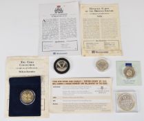 Four silver coins to include VE day £2, Cook Islands $2, Charles I restrike Oxford crown and a