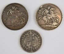 1889 and 1890 Queen Victoria crowns, together with an 1892 half crown
