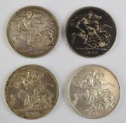 Four Queen Victoria jubilee crowns for 1889, 1890, 1891 and 1892, various grades but NVF