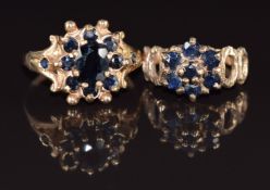 Two 9ct gold rings set with sapphires in cluster settings, 4.8g, size M & G