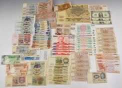 Collection of banknotes including Russian Rouble of different denominations c1909, South Africa,