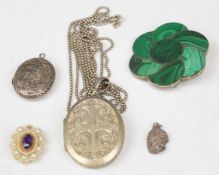 Two Victorian silver lockets, Georgian pearl brooch, silver and malachite brooch and silver chain