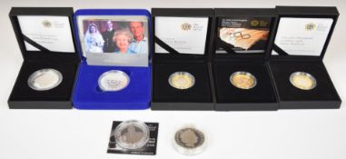 Six Royal Mint silver proof coins comprising 2007 Diamond Wedding, 2008 Queen Elizabeth I, 2009