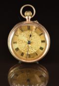 Unnamed 9ct gold keyless winding open faced pocket watch with blued hands, black Roman numerals,