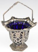 Victorian hallmarked silver swing handled basket with blue glass liner, Birmingham 1846, maker