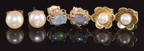 Three pairs of 9ct gold earrings, two pairs set with pearls the other pair set with opal doublets,