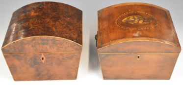 Regency inlaid mahogany / fruitwood domed casket, the hinged lid with Britannia and lion or