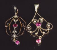 Two Edwardian 9ct gold pendants set with paste and seed pearls, 4g