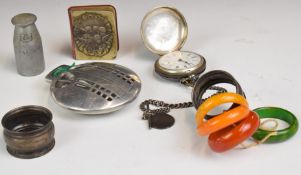 Hallmarked silver Waltham pocket watch, two hallmarked silver napkin rings, silver Reynolds Angels