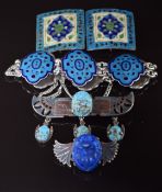 Enamel bracelet marked Jaisaram Mooltan, enamel belt buckle, and two Egyptian Revival brooches