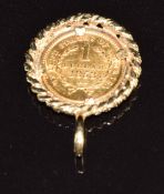 An 1853 1 Dollar coin in 9ct gold pendant, 3.6g, 1.3cm