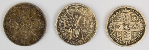 Three Queen Victoria florins comprising 1849 godless ww inside circle, NVF, 1887 Jubilee EF and