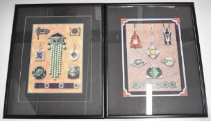 A pair of prints depicting Art Deco jewellery, framed and glazed with Art Deco style mounts, 51 x