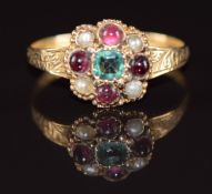 Victorian 15ct gold ring set with an emerald, garnet cabochons and pearls with engraved band, 1.