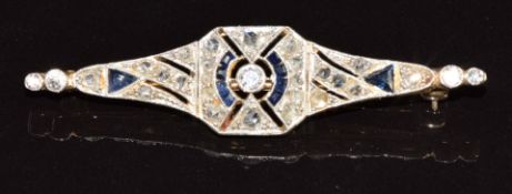 Art Deco 18ct gold brooch set with rose and old cut diamonds and sapphires in a platinum setting,