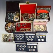 A collection of costume jewellery including three silver rings, beaded opal necklace, silver