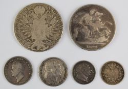 Georgian silver coinage to include 1822 George IV crown and 1825 shilling, 1818 George III