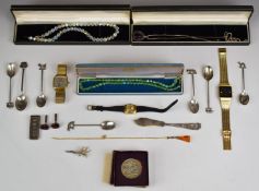 A collection of jewellery including 9ct gold chain (1.8g), watches, silver including necklace and