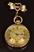 Unnamed 14ct gold keyless winding open faced pocket watch with blued hands, black Roman numerals,