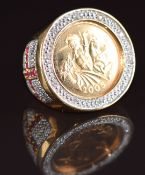 A 9ct gold ring set with a 2005 George & Dragon gold half sovereign, rubies and diamonds, 10.5g,