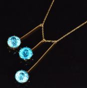 Edwardian 9ct gold necklace with three blue paste set drop sections, 7.2g, 44cm long