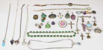 Thirteen silver pendants set with amethyst, quartz, abalone, malachite and Blue John, two heart