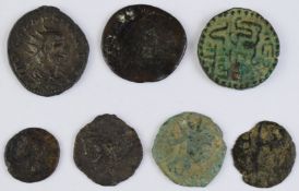 Seven ancient coins including Roman, with Jersey Coin Co envelope