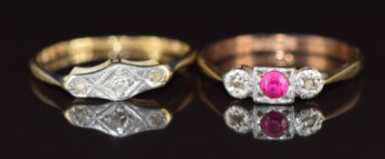 A 9ct gold ring set with a ruby and diamonds in a platinum setting (1.6g, size K) and an 18ct gold