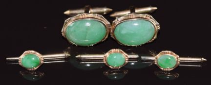 A pair of 14k gold cufflinks set with jadeite and three matching studs, 15g