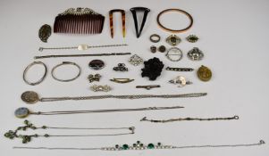 A collection of jewellery including 9ct gold and silver ring, two silver christening bangles by