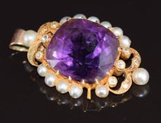 Victorian pendant set with a cushion cut amethyst of approximately 14ct, rose cut diamonds and