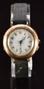 Swiss 9ct gold wristwatch with blued skeleton hands, black Arabic numerals, white enamel dial and