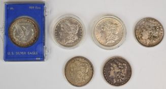 Six USA Morgan dollars, various years 1882-1921