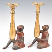 Pair of novelty brass / bronze figural monkey candlesticks, height 29cm