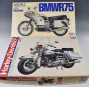Two Tamiya 1:6 scale police motorcycle model kits comprising BMWR75 BS0606 and Harley-Davidson