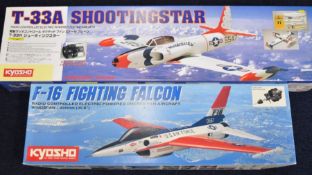 Two Kyosho radio controlled electric powered ducted fan aircraft comprising F-16 Fighting Falcon,