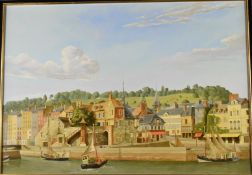 Jorge Mori (born 1932) oil on board 'Vue de Honfleur', French harbour scene, signed lower right