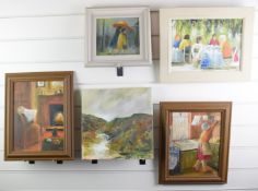Six Jean Sandham (local Stroud, Gloucestershire artist) oil paintings including Misty Day on Bretton