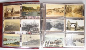 An album of approximately 350 mainly UK social history postcards, including Bath Pageant, towpath at
