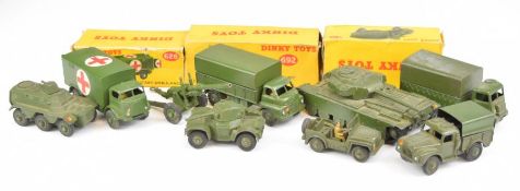 Nine Dinky Toys diecast model military vehicles to include Military Ambulance 626, Centurion Tank