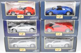Six Maisto 1:24 scale diecast model cars to include Lamborghini Diablo 1990, Ferrari 348ts 1990