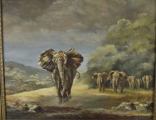 Oil on board elephants The Protector Bull Elephant, indistinctly signed possibly P J Dawson lower